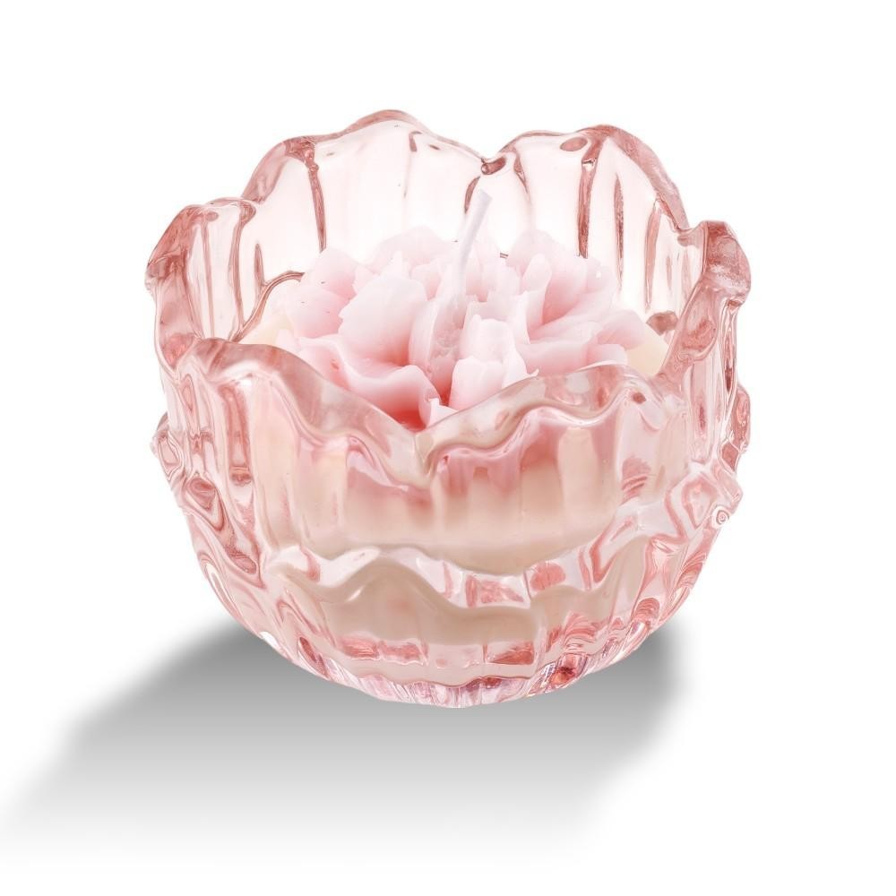 CANDELA IN VETRO FIORE ROSA 8X6